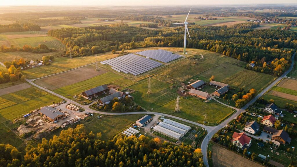 Klaster energii - lokalna spolecznosc z farma PV i wiatrakiem