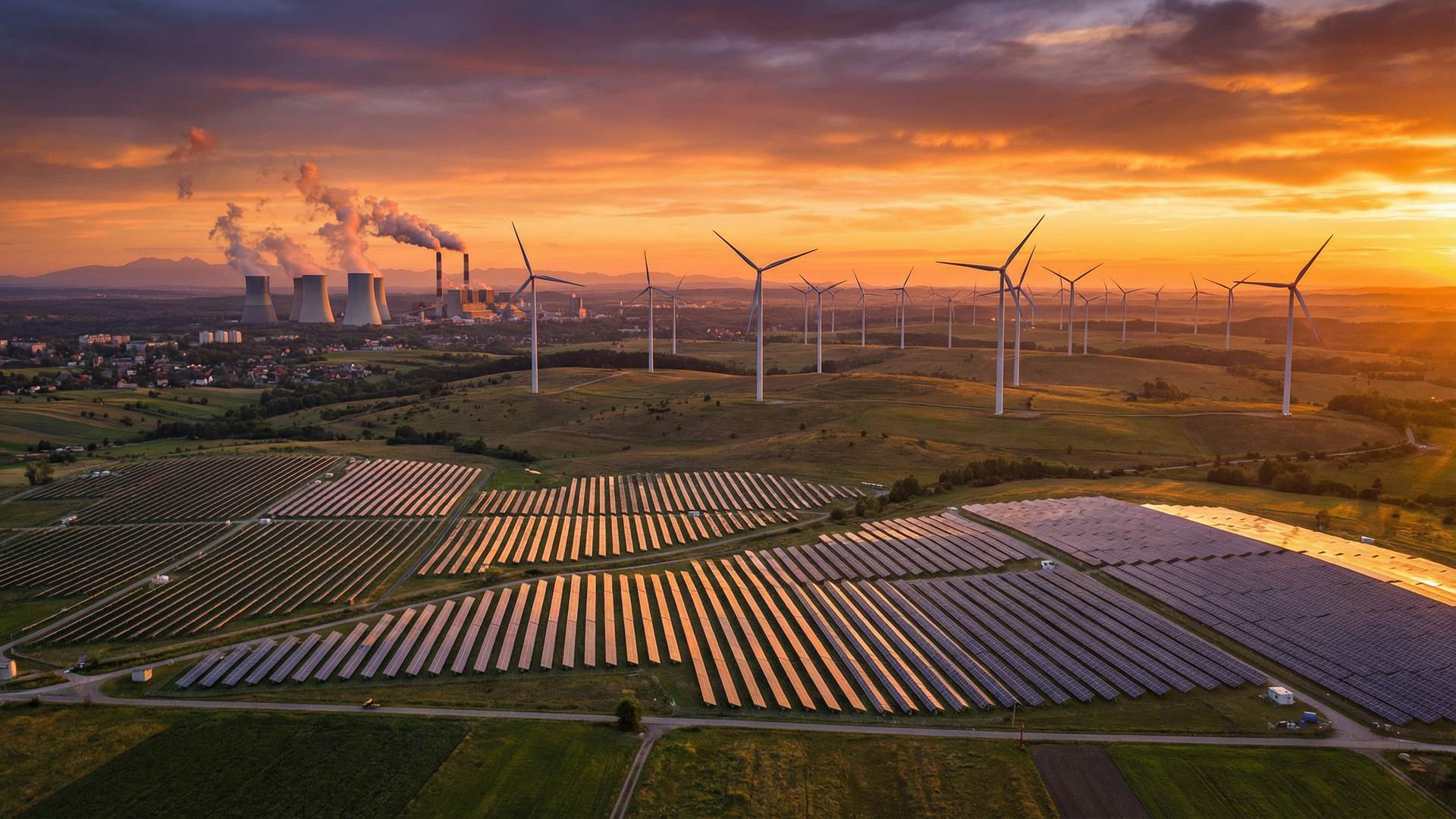 Transformacja energetyczna w Polsce - farmy OZE i elektrownia wegla