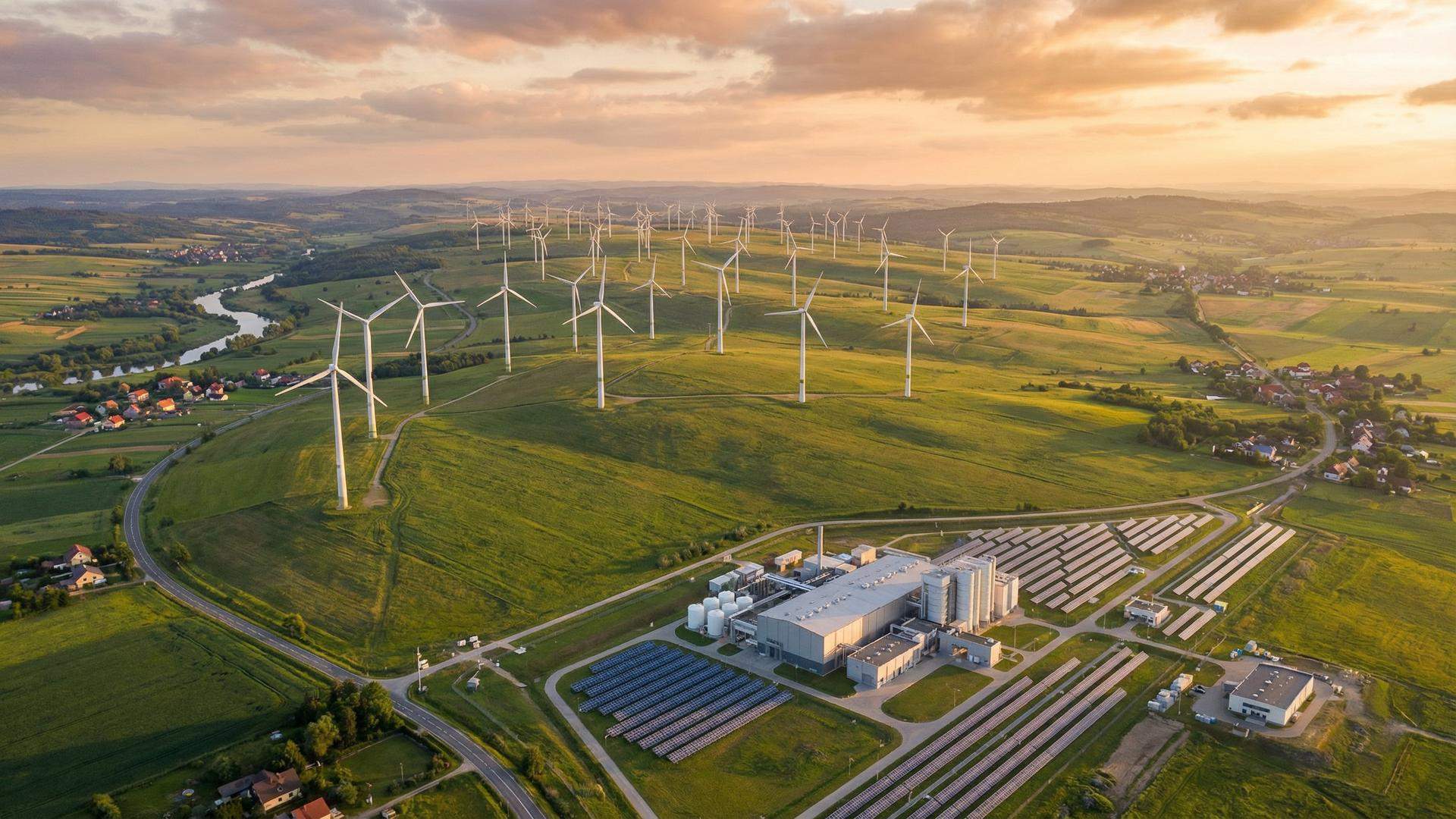 Widok z lotu ptaka na farmę wiatrową i zakład przemysłowy – typowy scenariusz umowy PPA w Polsce