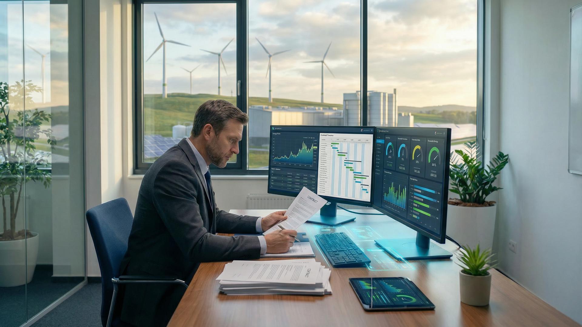 Analityk energetyczny przegląda dokumenty umowy PPA i wykresy cen energii na monitorach