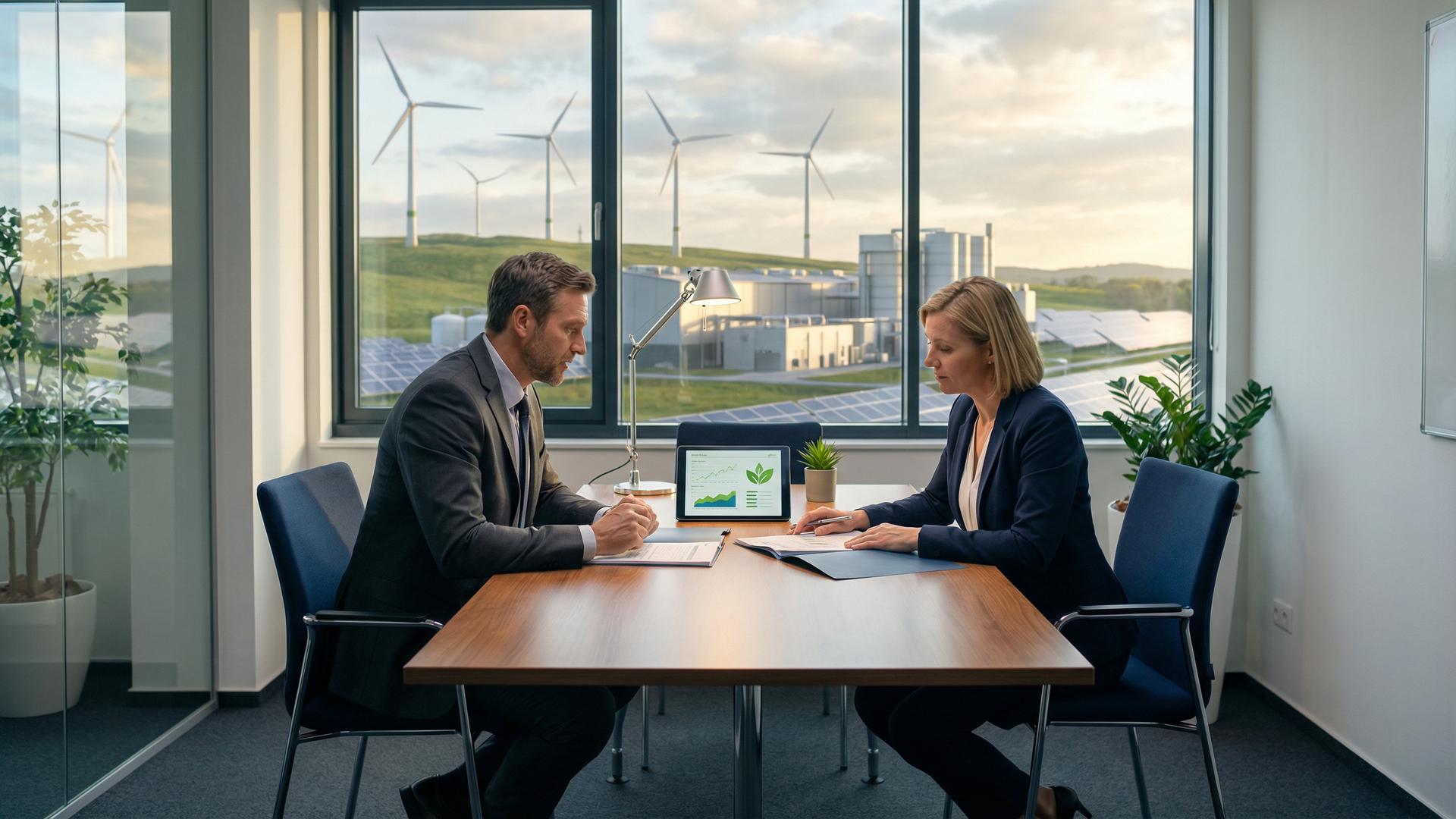 Dwoje profesjonalistów negocjuje umowę PPA na zakup energii z OZE, w tle farma wiatrowa i instalacja fotowoltaiczna