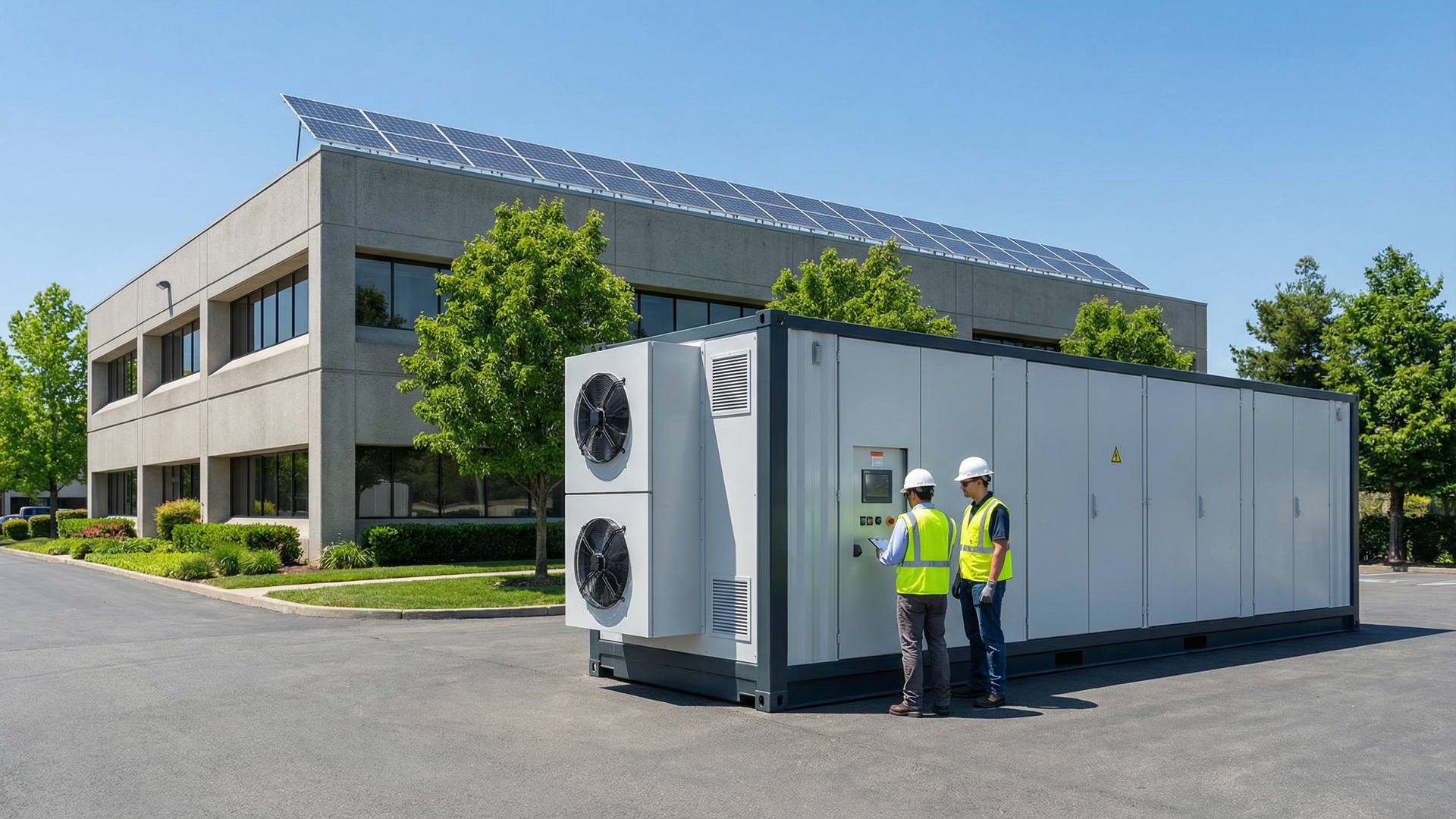 Kontenerowy magazyn energii BESS przy budynku komercyjnym z fotowoltaika
