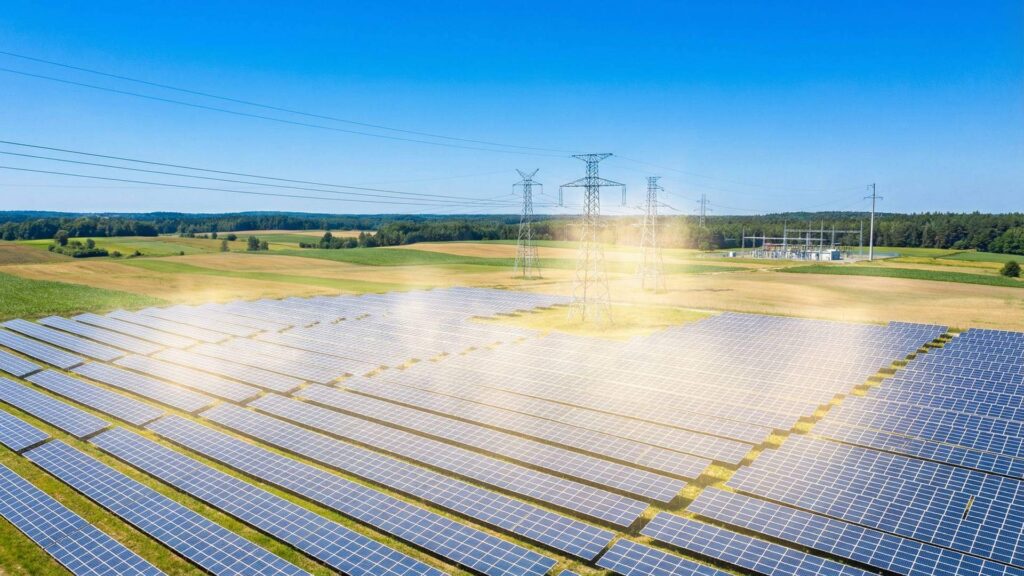 Duza farma fotowoltaiczna w polskim krajobrazie z liniami wysokiego napiecia - ilustracja zjawiska fotowoltaicznej gorki