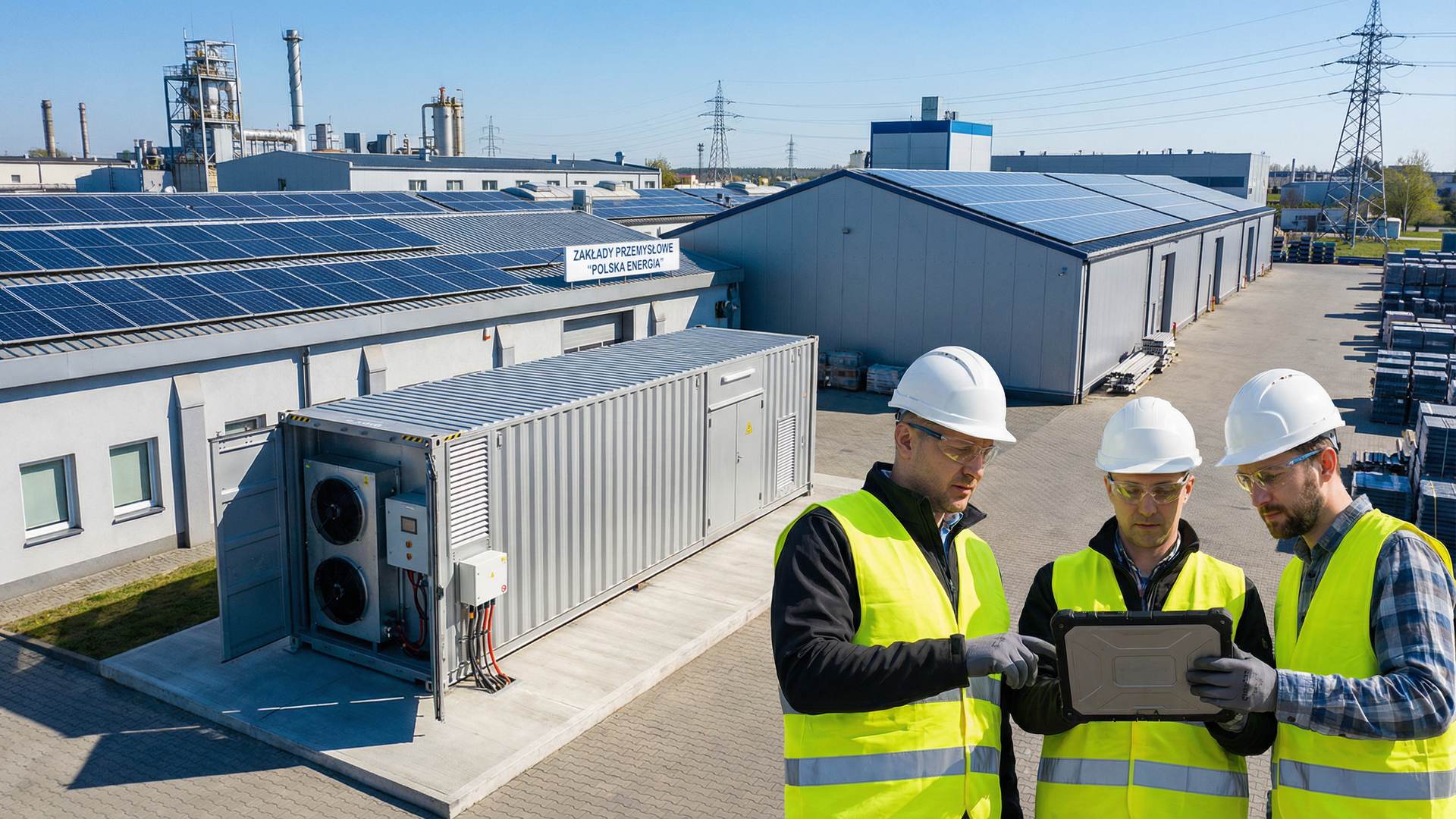 Magazyn energii BESS przy zakladzie przemyslowym z panelami fotowoltaicznymi