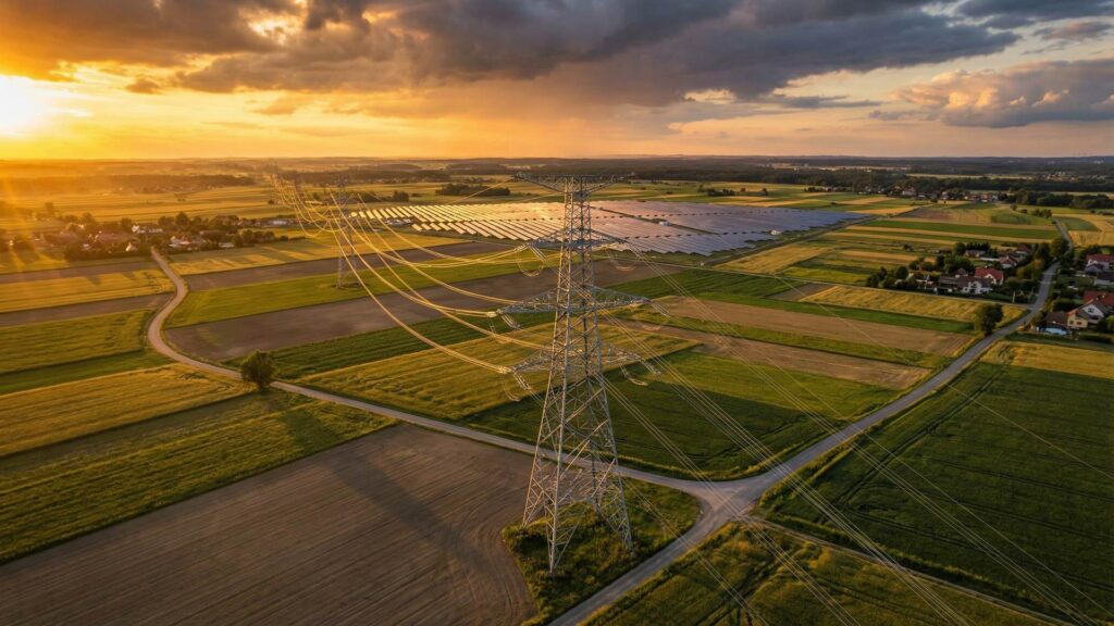 Widok z lotu ptaka na maszt wysokiego napiecia i linie energetyczne z farma fotowoltaiczna w tle - symbol wyzwan infrastrukturalnych polskiej sieci