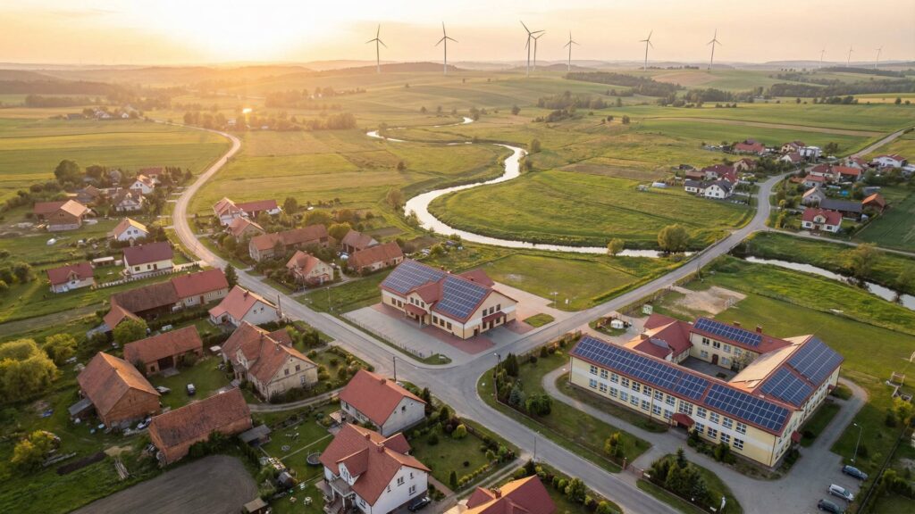 Widok z lotu ptaka na polska wies z instalacjami fotowoltaicznymi na dachach budynkow i turbinami wiatrowymi w tle