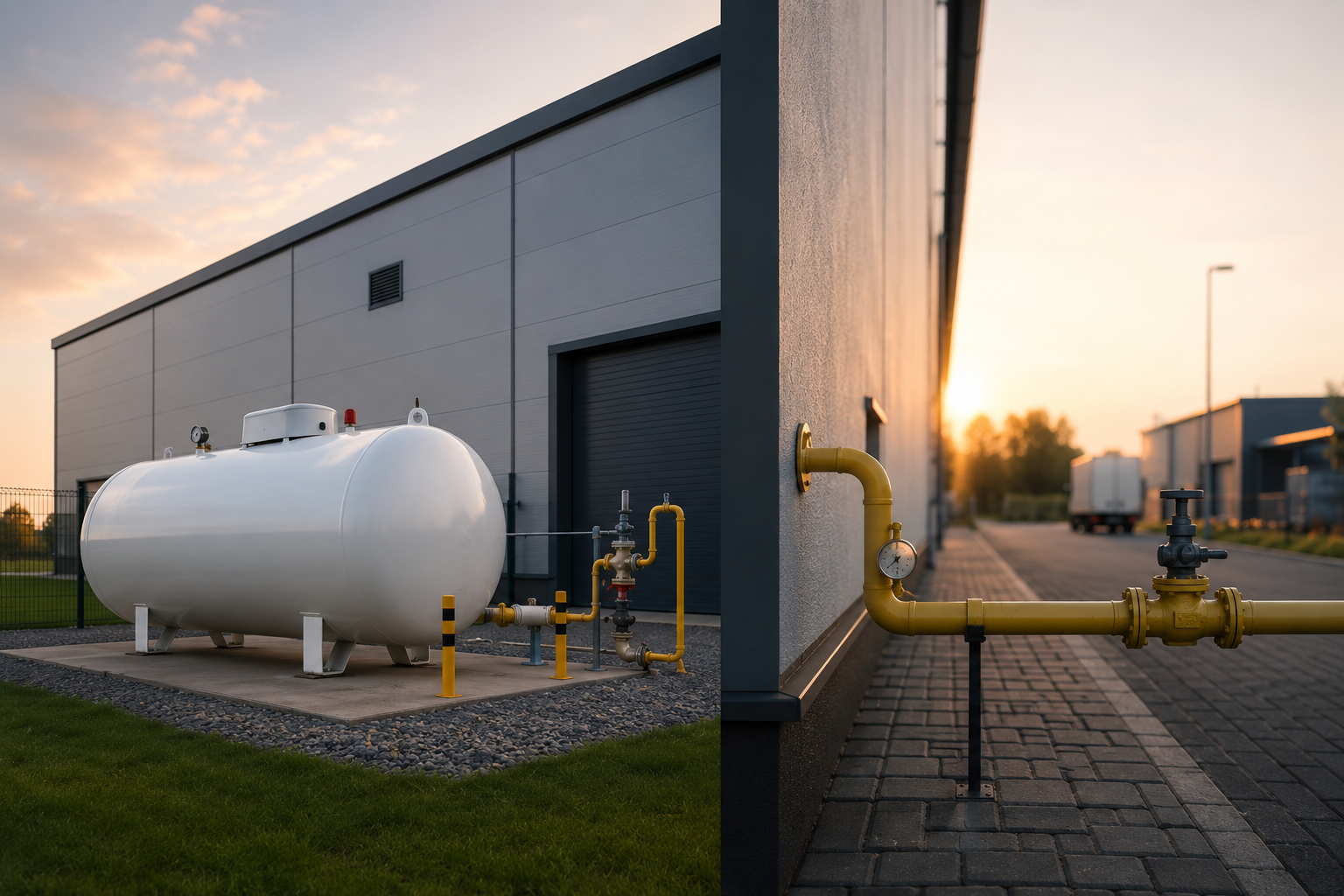 Gaz ziemny czy LPG — zbiornik gazu płynnego przy hali firmowej i przyłącze gazu ziemnego jako dwa warianty ogrzewania obiektu