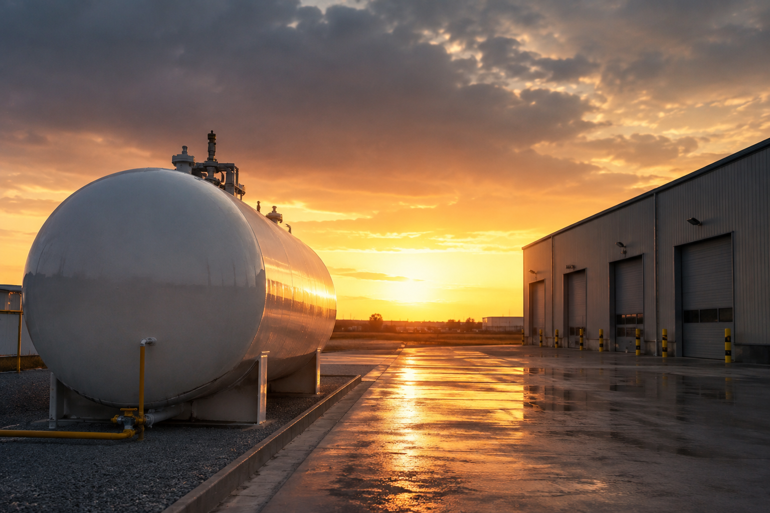Ogrzewanie LPG w hali — zbiornik gazu płynnego przy hali produkcyjnej i wykres zużycia zestawiony z temperaturą zewnętrzną